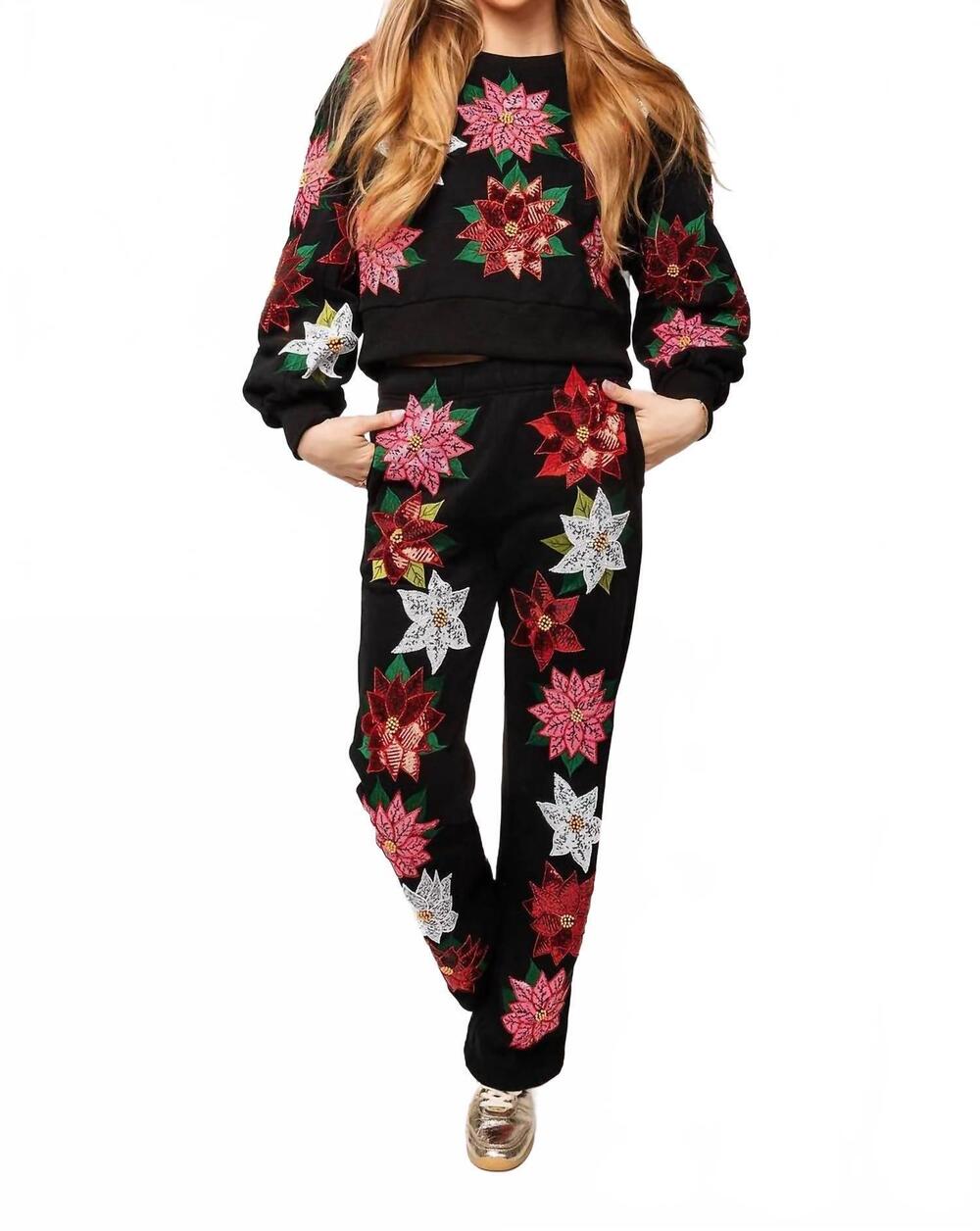 NEW QUEEN OF SPARKLES poinsettia pull-on sweatpants in black